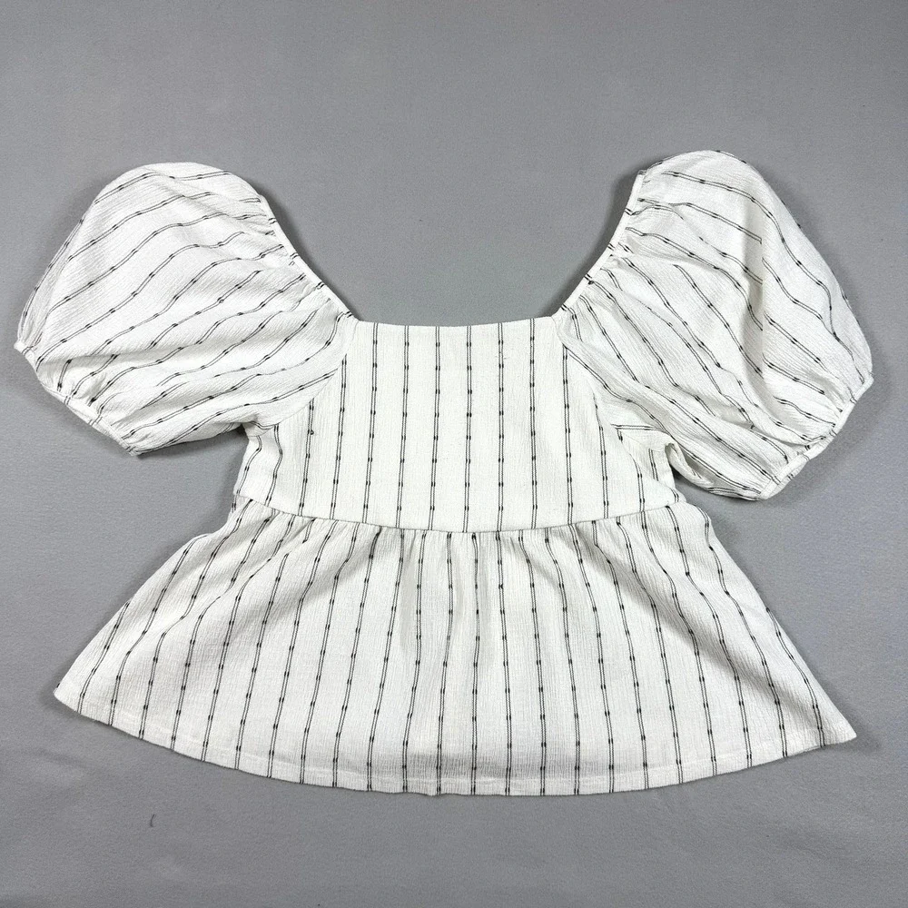 Madewell White Black Striped Puff Sleeve Peplum Top Square Neck Blouse Small